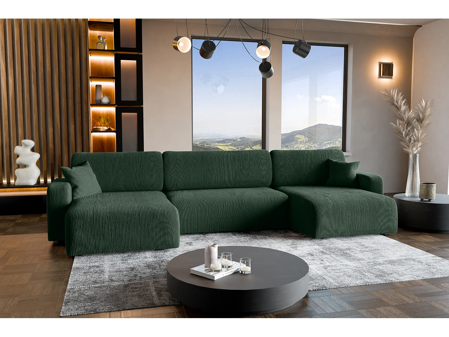 Canapé d'Angle réversible convertible avec fonction de couchage Piano U coffre universel en velours côtelé vert bouteille du fabricant - VINOTTI