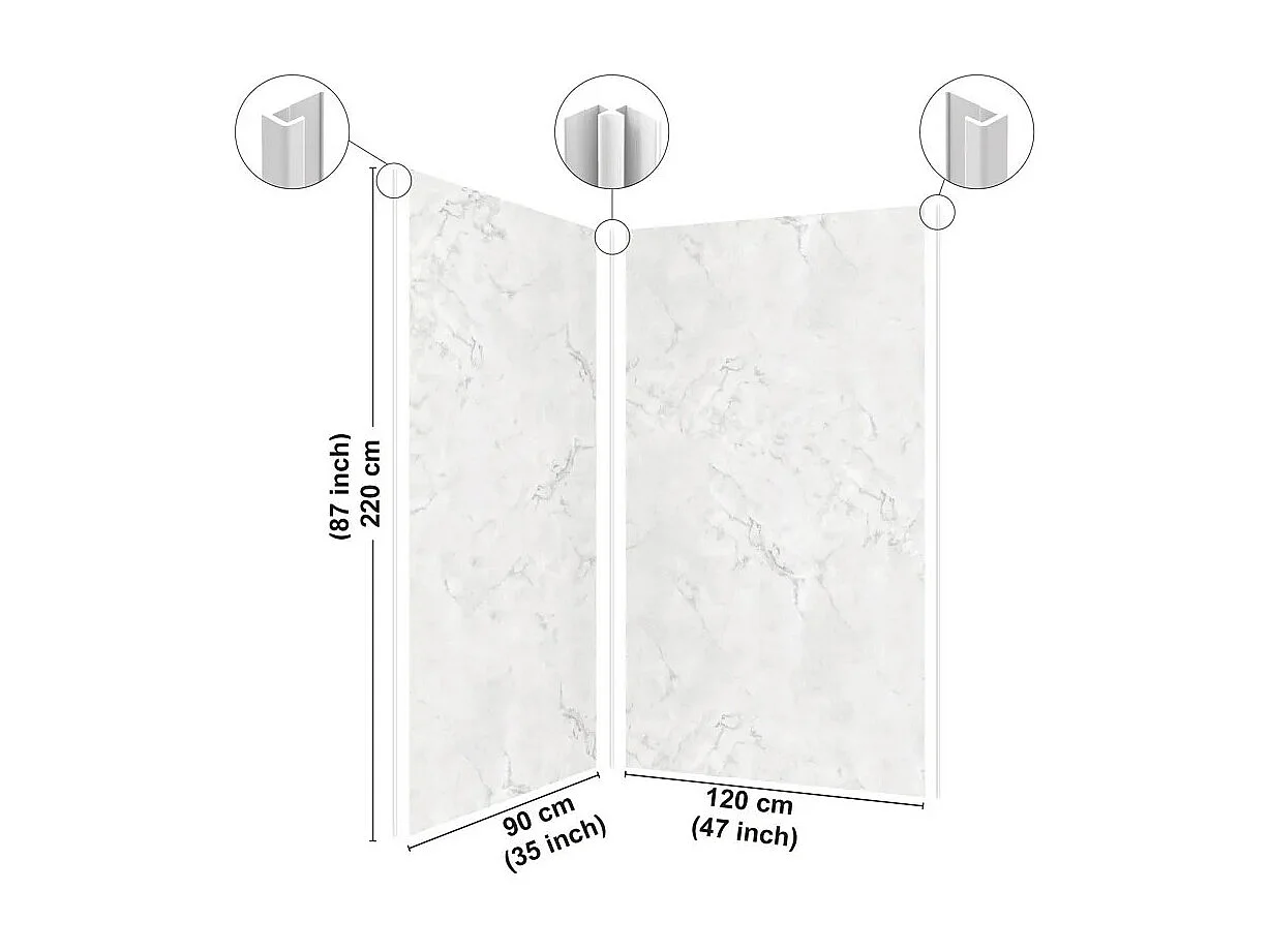 Lot de 2 panneaux de douche en PVC (90x220 & 120x220 cm) + profilés blanc - Effet Marbre clair