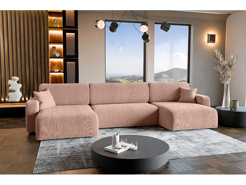 Canapé d'Angle réversible convertible avec fonction de couchage Piano U coffre universel en velours côtelé Rose poudré du fabricant - VINOTTI