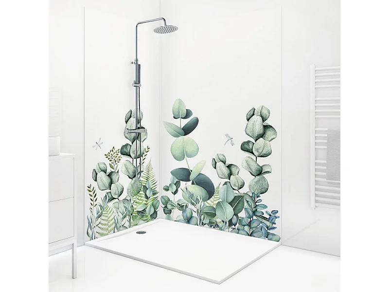 Lot de 2 panneaux de douche en aluminium (90x220 & 120x220 cm) + profilés blanc - Motif végétal - Vert et Blanc - Quiétude