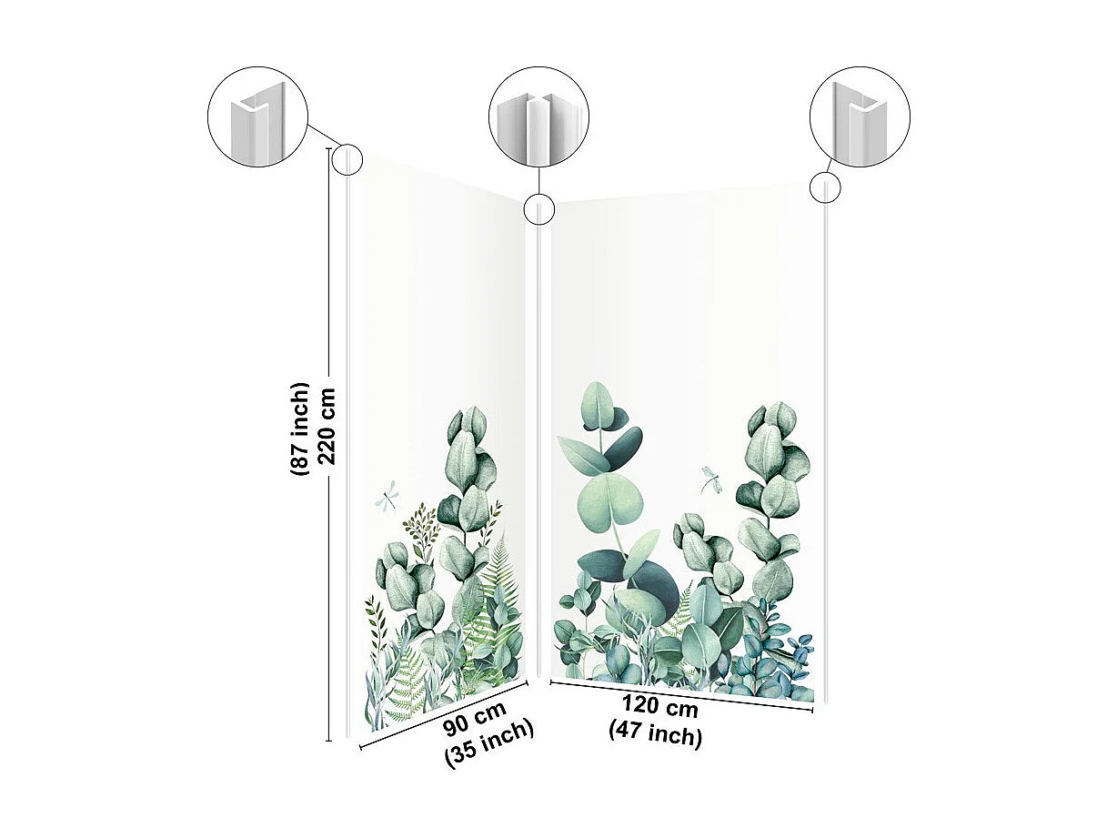 Lot de 2 panneaux de douche en aluminium (90x220 & 120x220 cm) + profilés blanc - Motif végétal - Vert et Blanc - Quiétude
