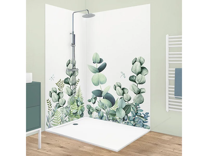Lot de 2 panneaux de douche en PVC (90x220 & 120x220 cm) + profilés blanc - Motif végétal - Vert et Blanc - Quiétude