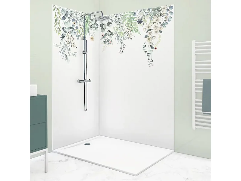 Lot de 2 panneaux de douche en PVC (90x220 & 120x220 cm) + profilés blanc - Flowers in Rain - Multicolore