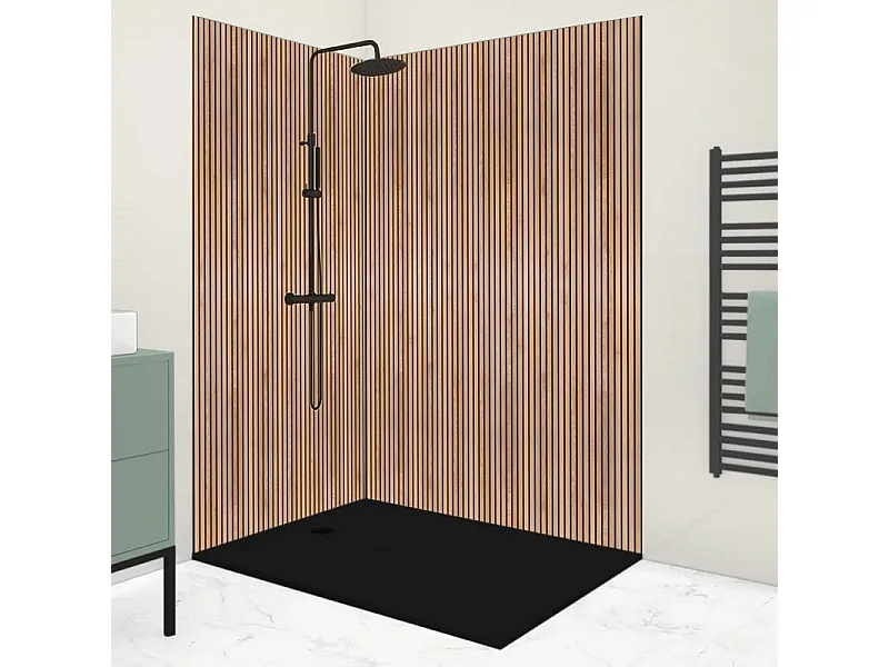 Lot de 2 panneaux de douche en PVC effet bois (90x220 & 120x220 cm) + marron et noir + profilés noir - Japandi