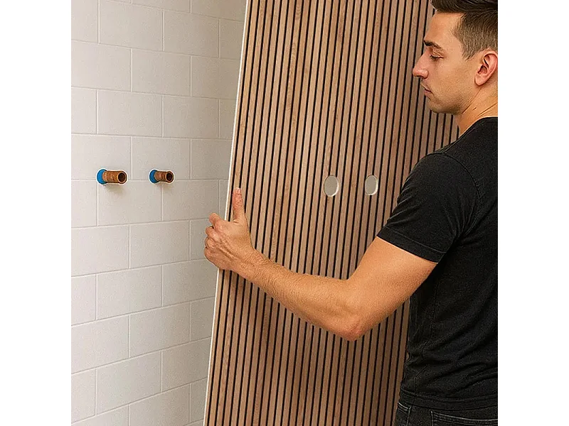 Lot de 2 panneaux de douche en PVC effet bois (90x220 & 120x220 cm) + marron et noir + profilés noir - Japandi