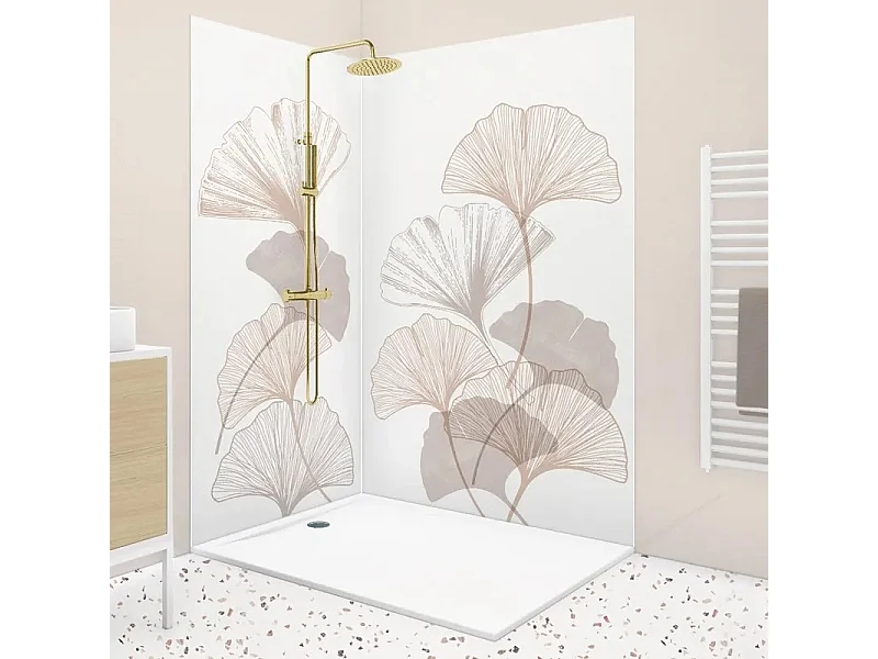 Pack 2 panneaux de douche en aluminium Blanc Floral + 3 profilés Blancs - 1 panneau de 90x220 cm et 1 panneau de 120x220 cm