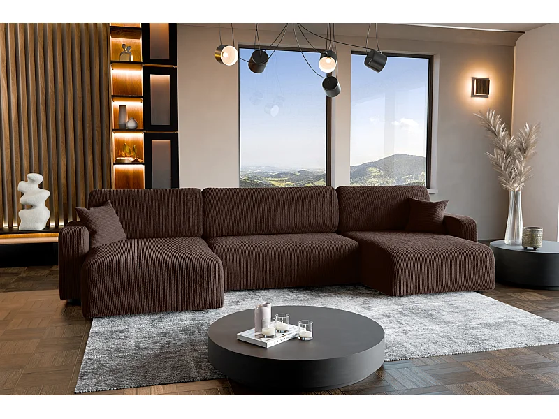 Canapé d'Angle réversible convertible avec fonction de couchage Piano U coffre universel en velours côtelé brun chocolat du fabricant - VINOTTI