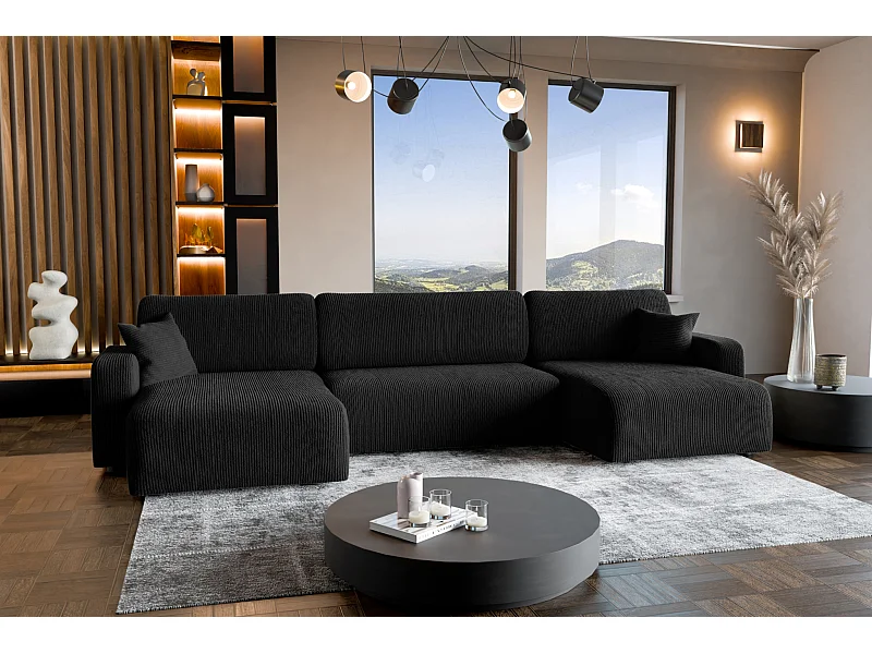 Divano letto angolare reversibile con vano contenitore universale Piano U in velluto a coste nero del produttore - VINOTTI