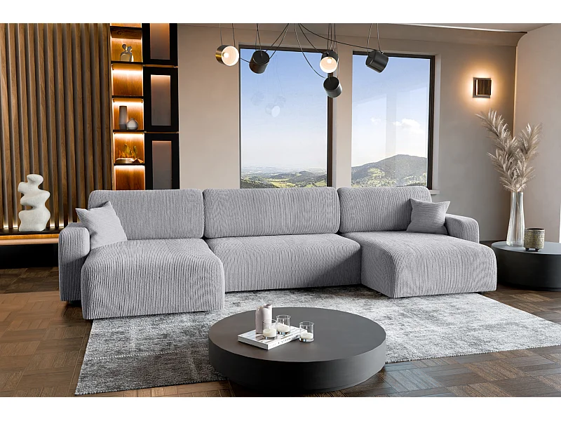 Canapé d'Angle réversible convertible avec fonction de couchage Piano U coffre universel en velours côtelé gris clair du fabricant - VINOTTI