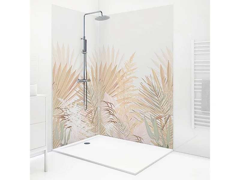 Lot de 2 panneaux de douche en PVC (90x220 & 120x220 cm) + profilés blanc - Motif végétal - Beige - Gaïa