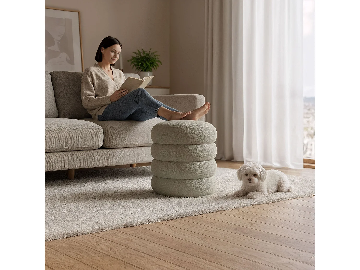 Pouf contenitore cilindrico in tessuto teddy 42 cm SNUGGO Moka