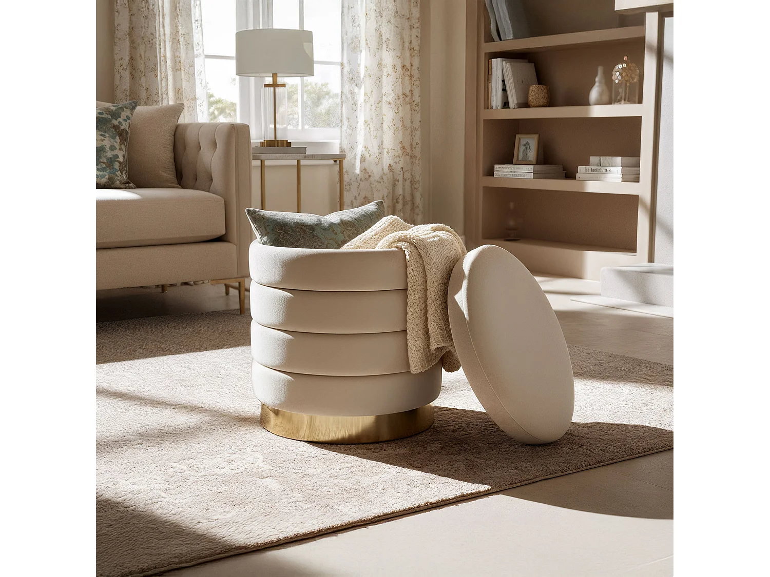 Pouf contenitore cilindrico in velluto 40 cm LUNA Crema