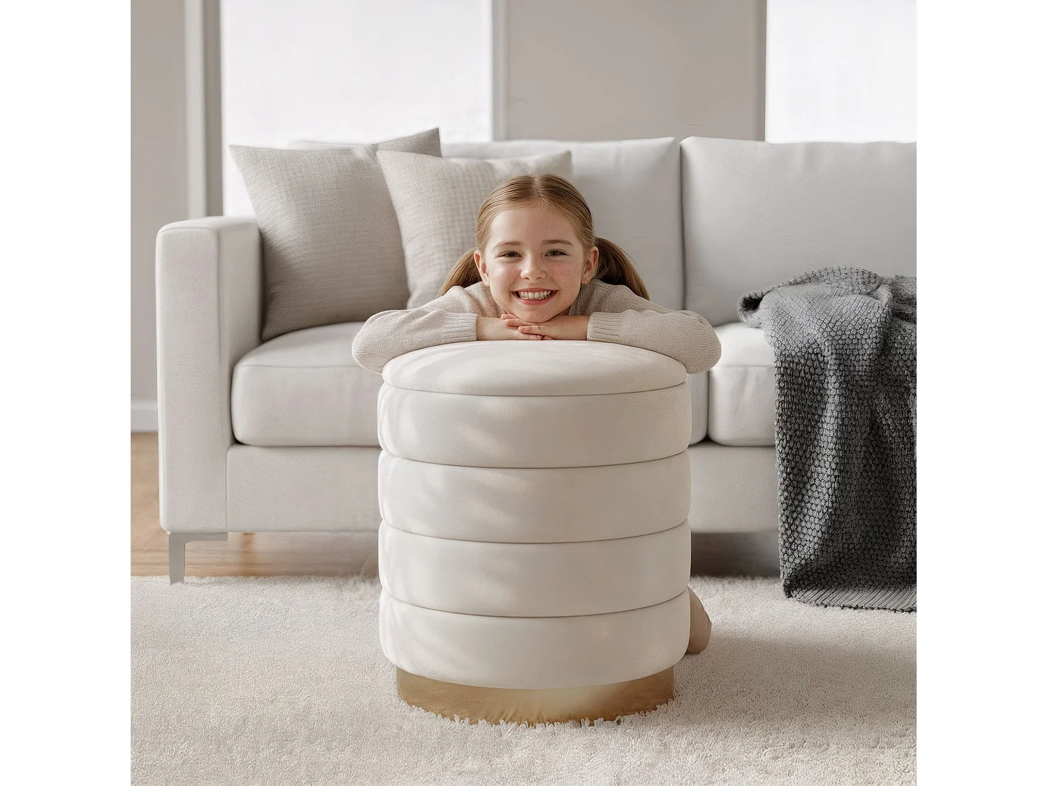 Pouf contenitore cilindrico in velluto 40 cm LUNA Crema