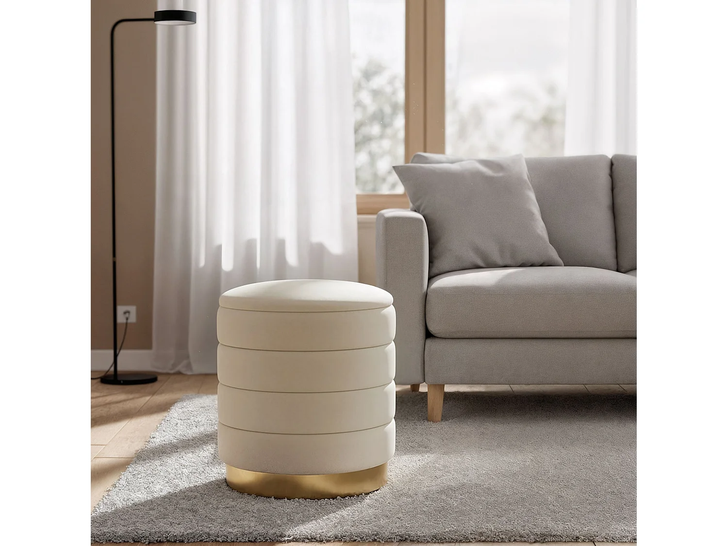 Pouf contenitore cilindrico in velluto 40 cm LUNA Crema