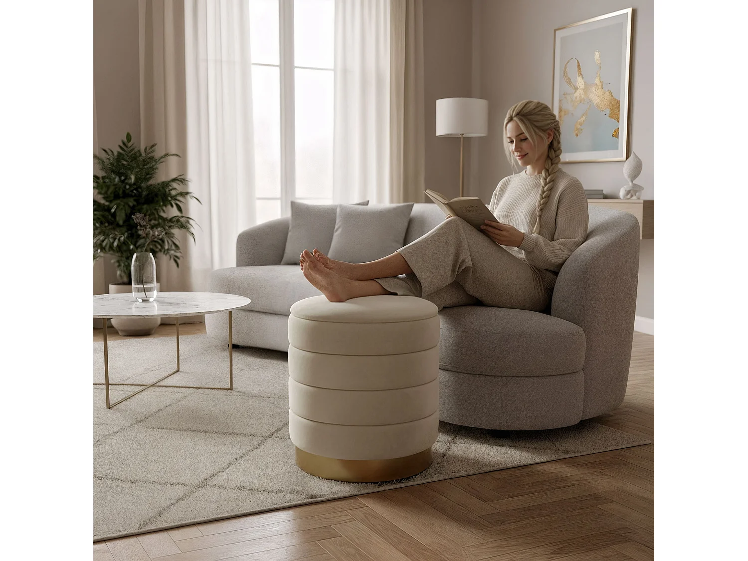 Tabouret rembourré en velours avec rangement 40 cm LUNA Crème