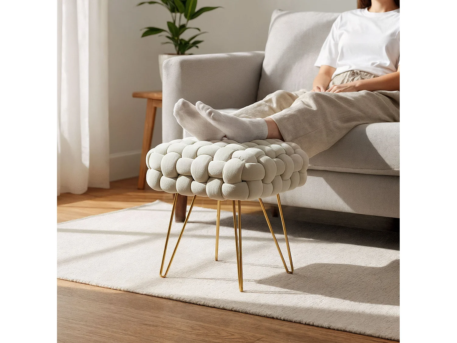 Pouf taburete de terciopelo trenzado 38 cm DOTTY Crema