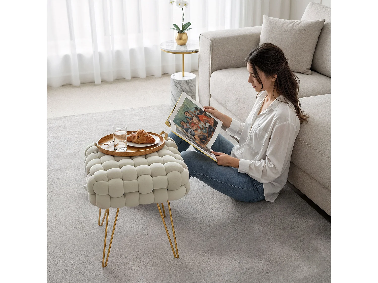 Pouf taburete de terciopelo trenzado 38 cm DOTTY Crema