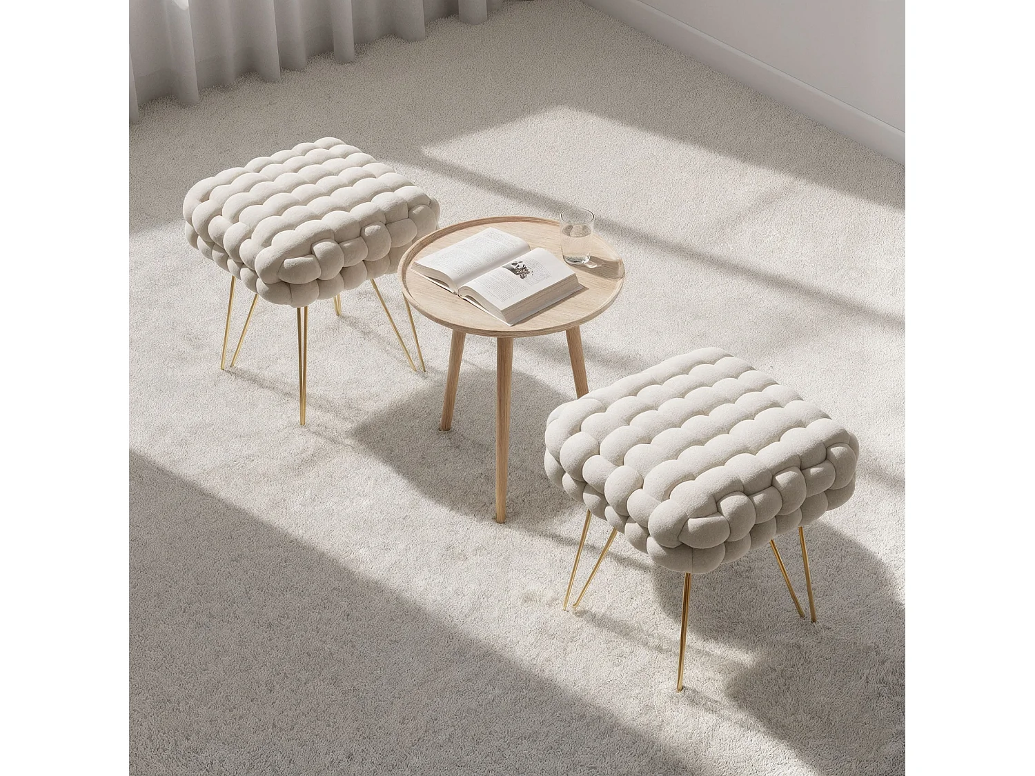 Pouf taburete de terciopelo trenzado 38 cm DOTTY Crema