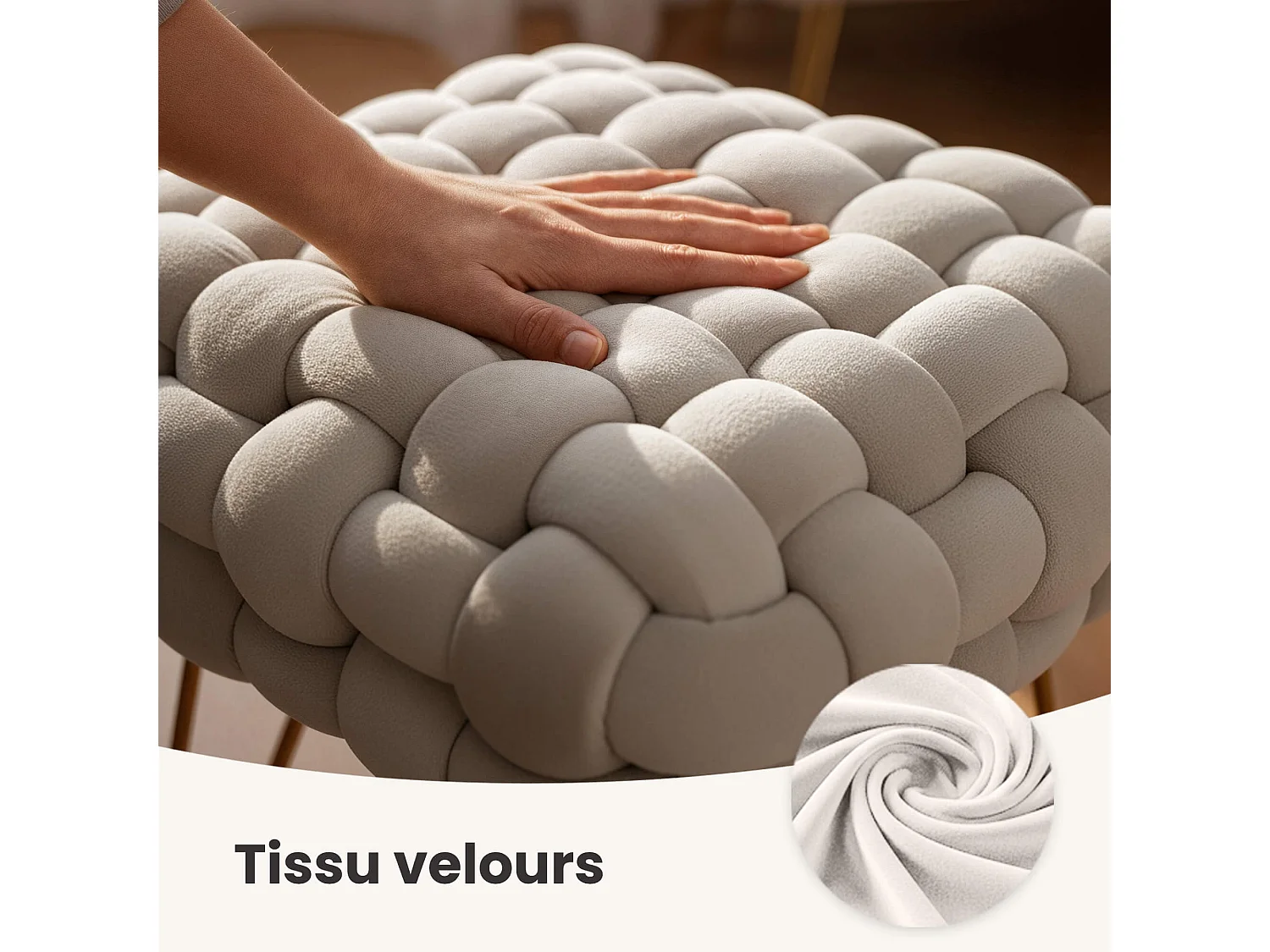 Pouf taburete de terciopelo trenzado 38 cm DOTTY Crema
