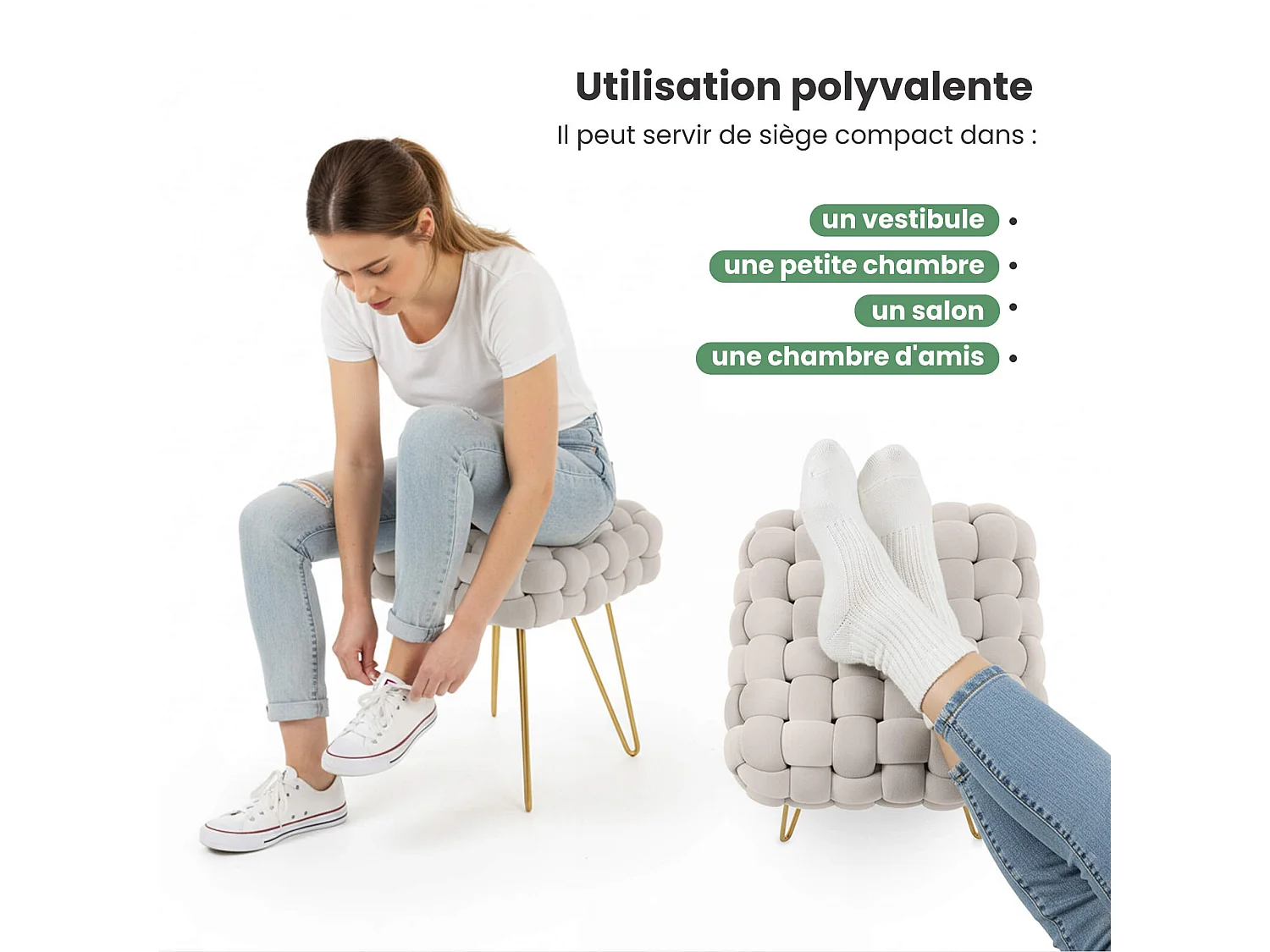 Pouf taburete de terciopelo trenzado 38 cm DOTTY Crema