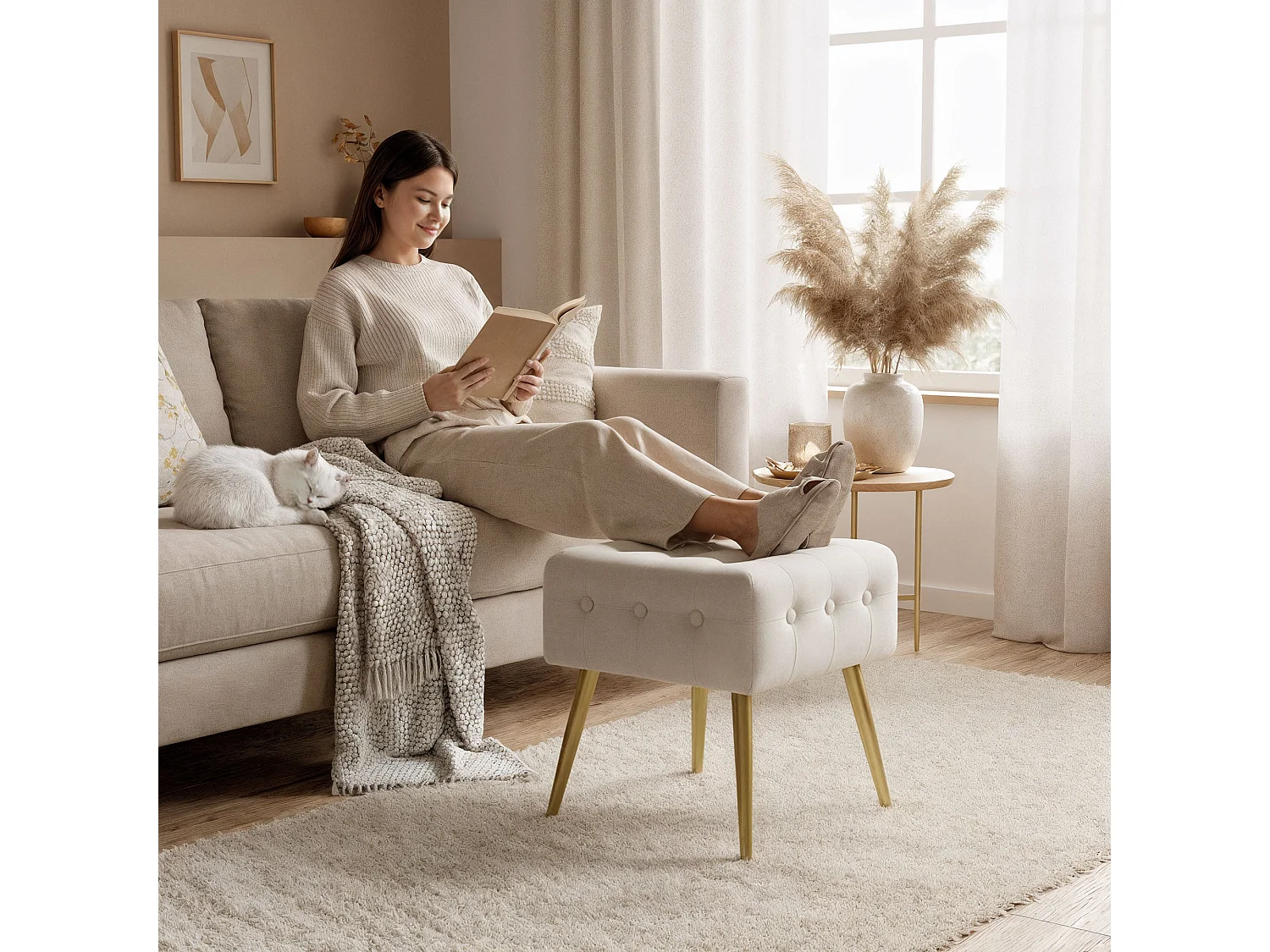 Tabouret rembourré en velours 40 cm QUADRA Beige