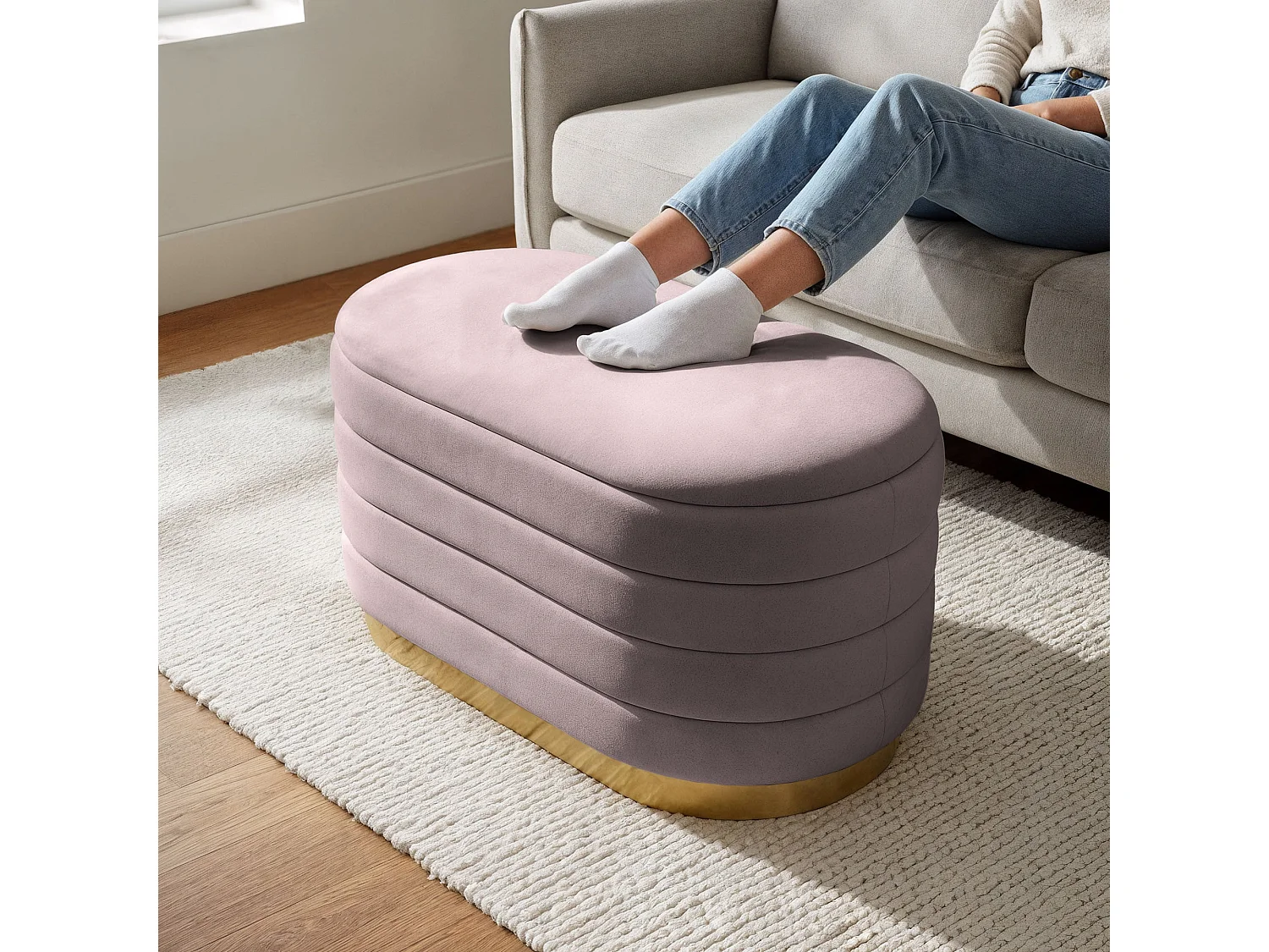 Banc en velours avec rangement 80 cm BELLA Rose Poudré