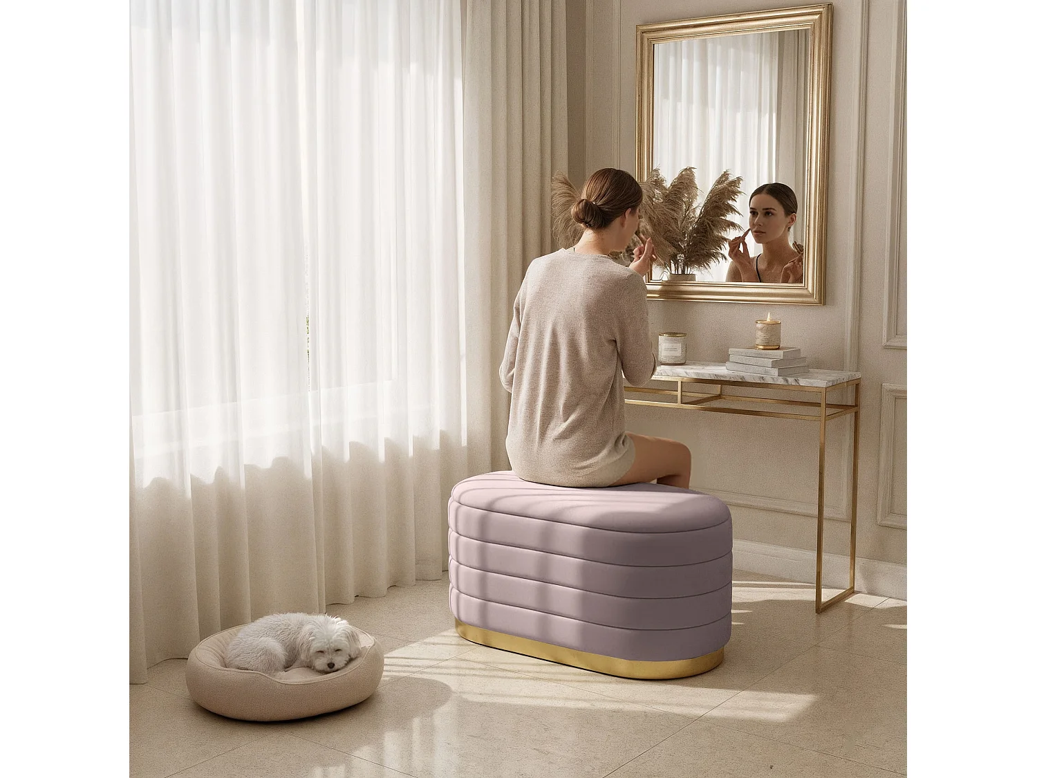 Banc en velours avec rangement 80 cm BELLA Rose Poudré