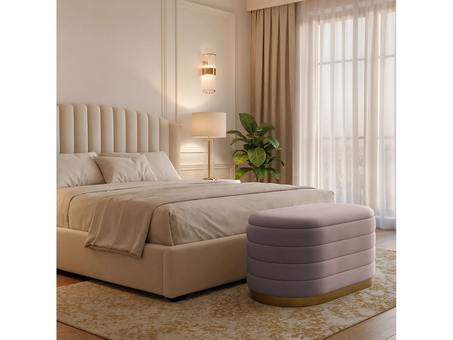 Banc en velours avec rangement 80 cm BELLA Rose Poudré