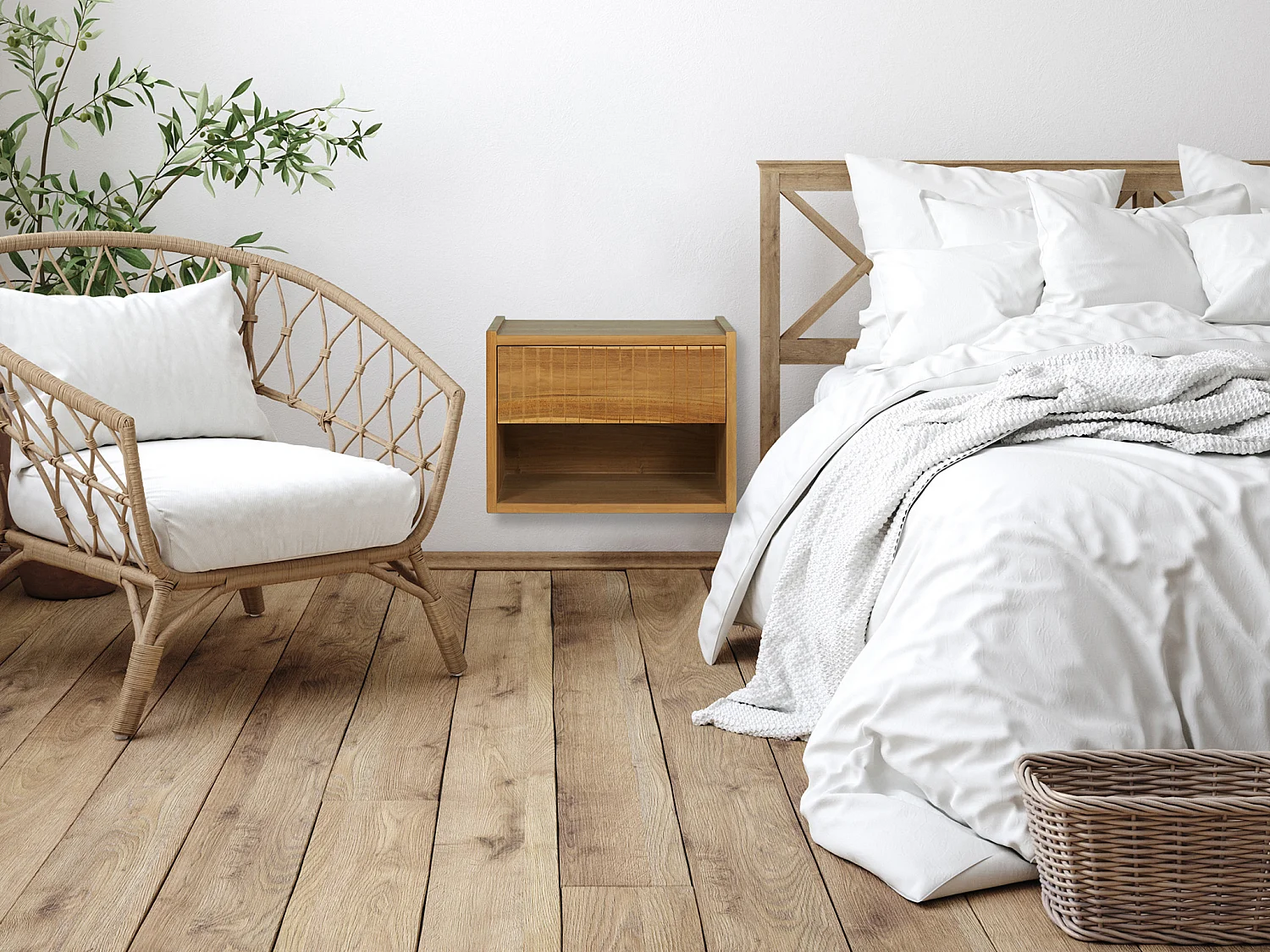 Lot de 2 tables de chevet suspendue 1 tiroir et 1 niche - Bois de teck - Coloris : Naturel - REVUKA