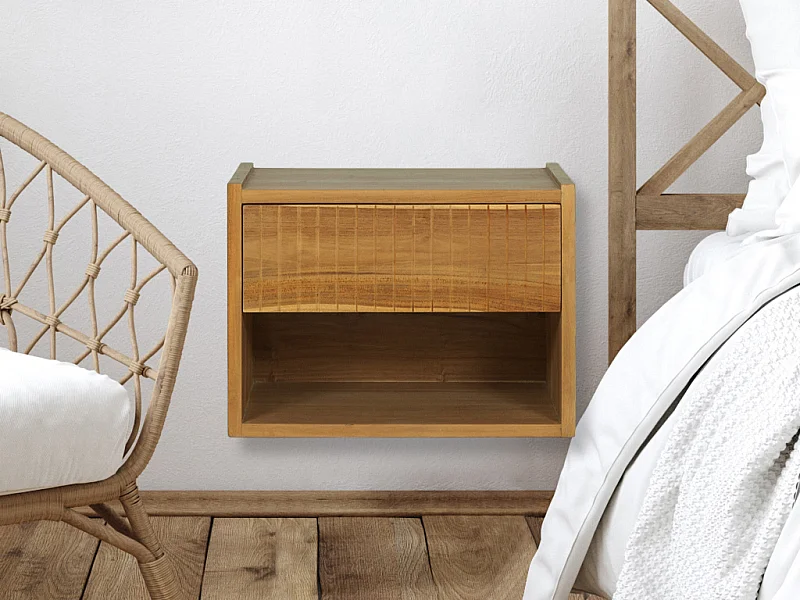 Lot de 2 tables de chevet suspendue 1 tiroir et 1 niche - Bois de teck - Coloris : Naturel - REVUKA