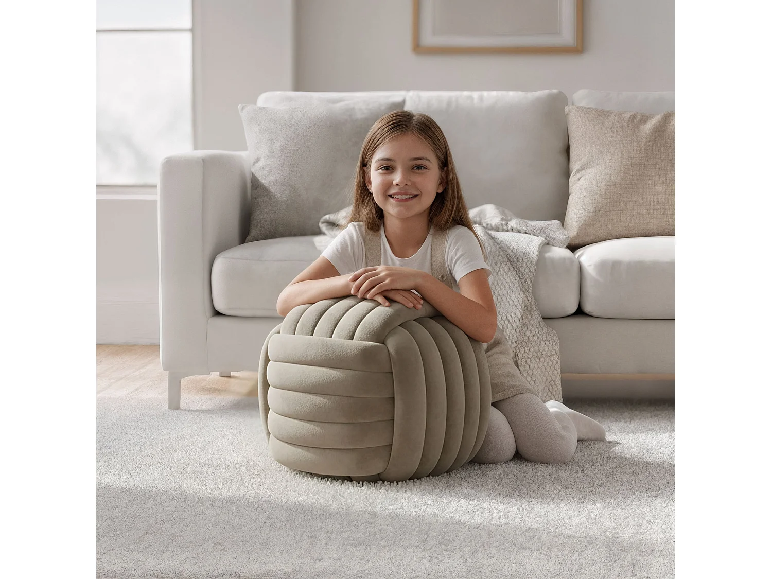 Pouf tressé en velours 53 cm NILO Or beige