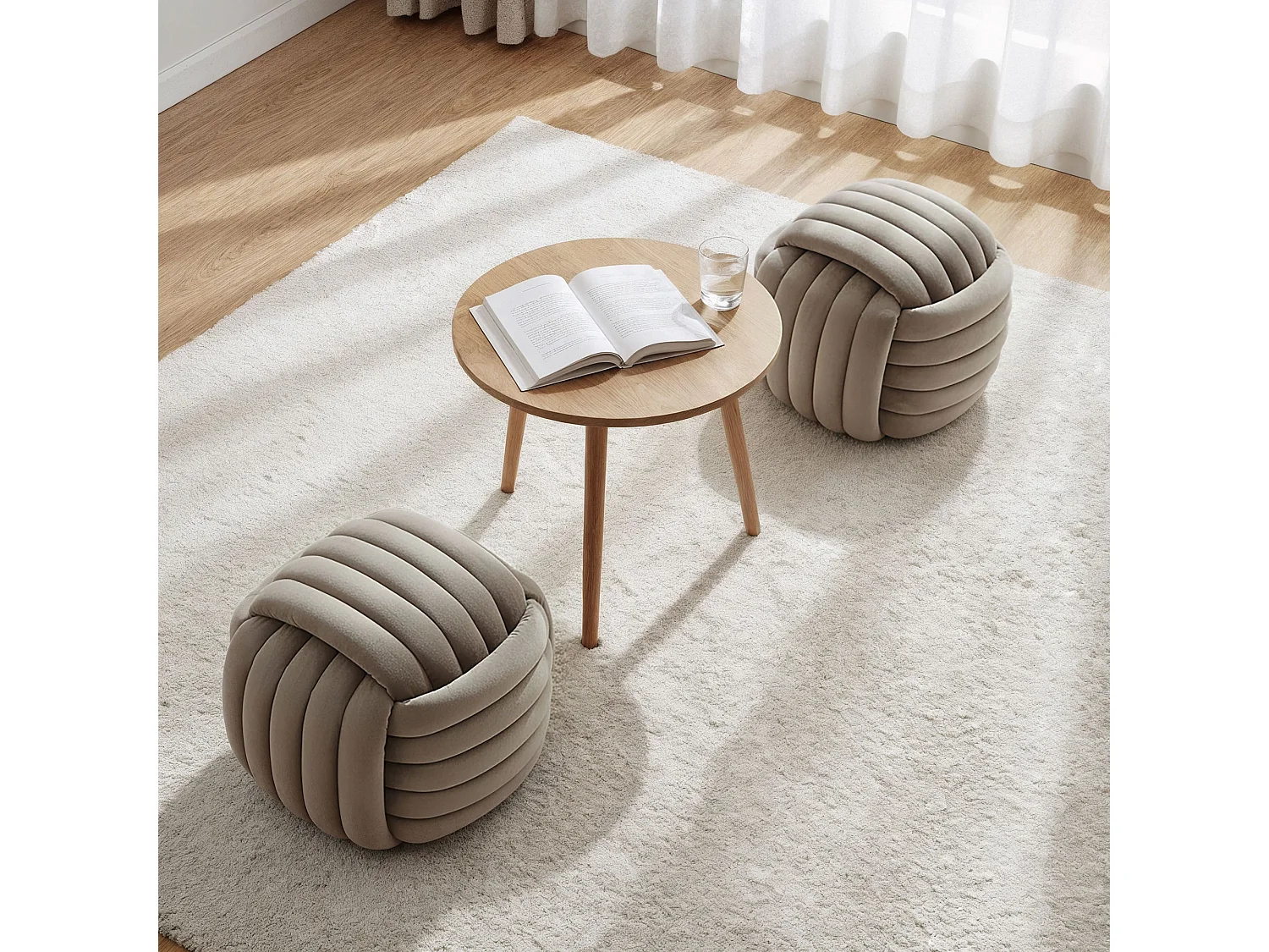 Pouf tressé en velours 53 cm NILO Or beige