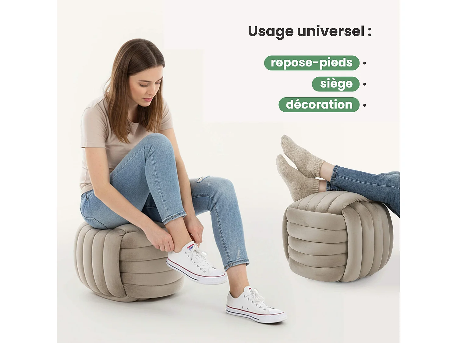 Pouf tressé en velours 53 cm NILO Or beige