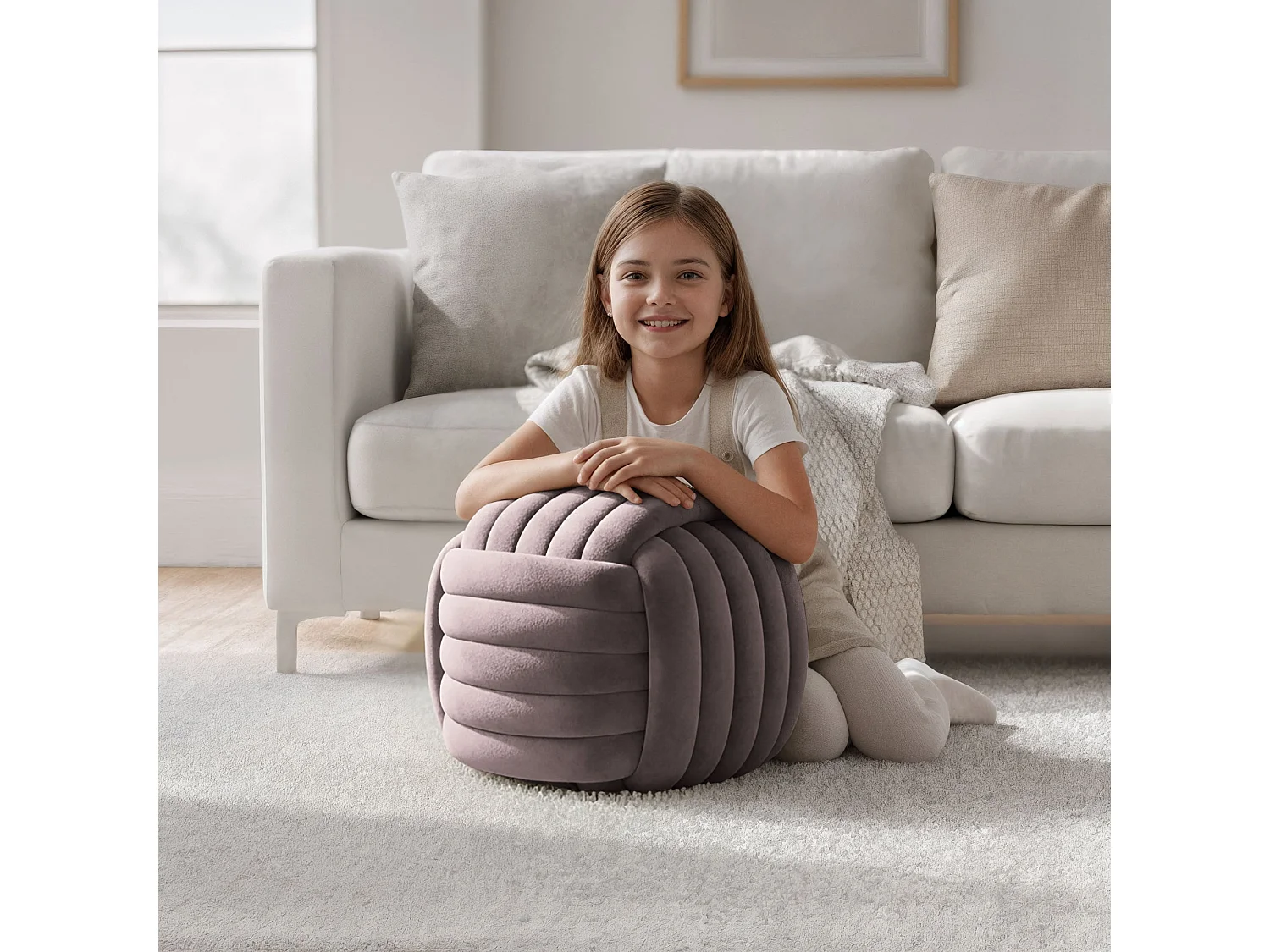 Pouf tressé en velours 53 cm NILO Rose Poudré