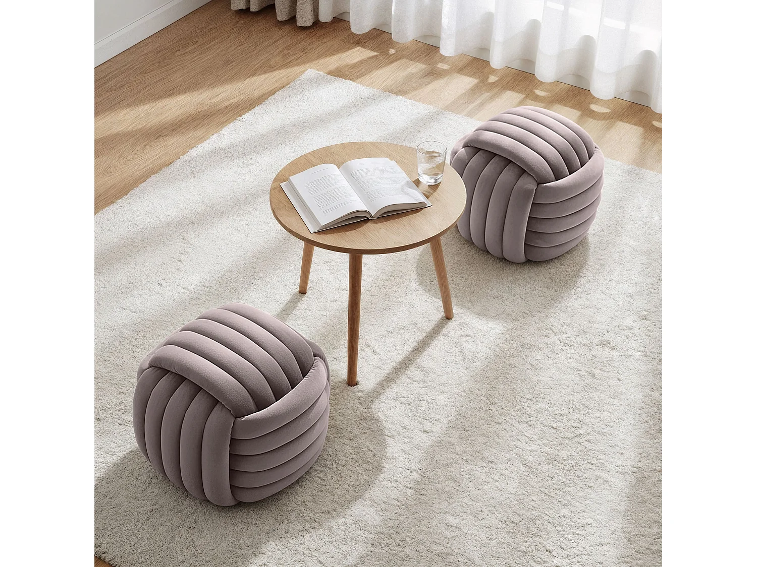 Pouf tressé en velours 53 cm NILO Rose Poudré