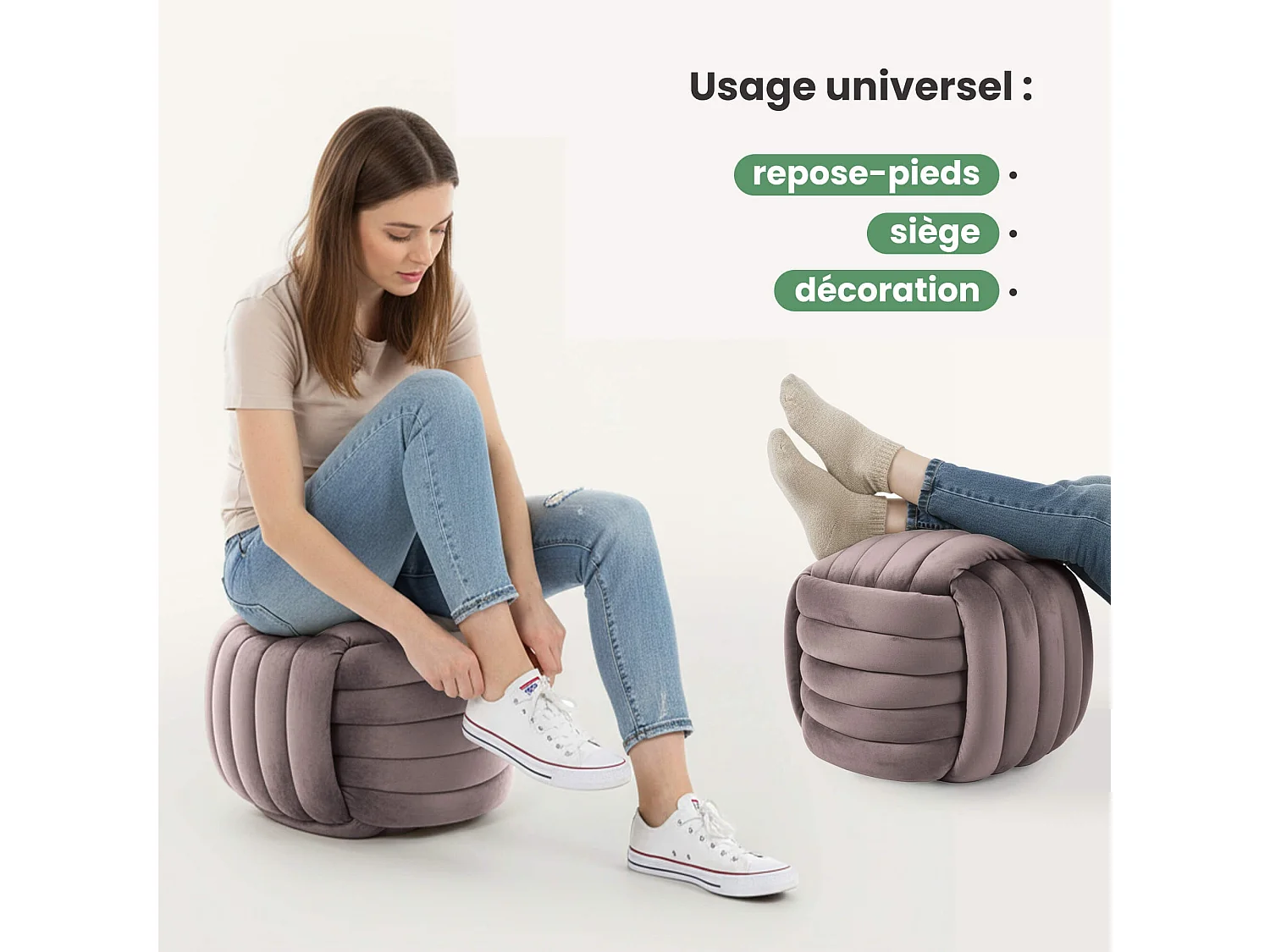 Pouf tressé en velours 53 cm NILO Rose Poudré