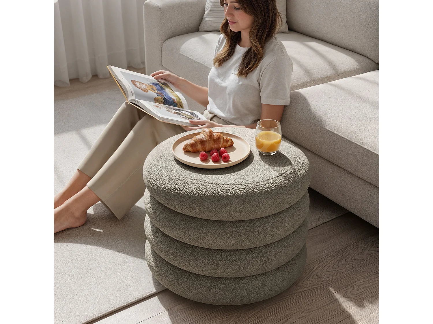 Pouf contenedor cilíndrico en tejido teddy 55 cm MOLLIS Moka