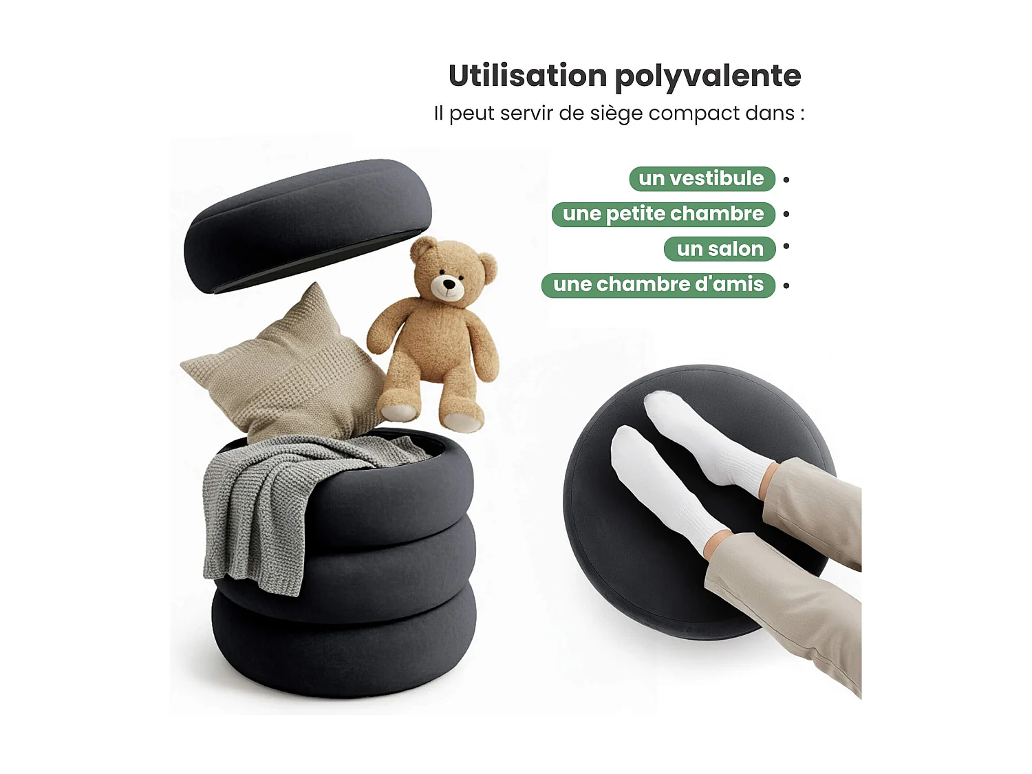 Tabouret en velours avec rangement 42 cm SNUGGO Noir