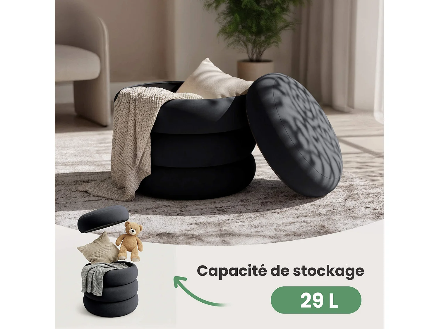 Tabouret en velours avec rangement 42 cm SNUGGO Noir