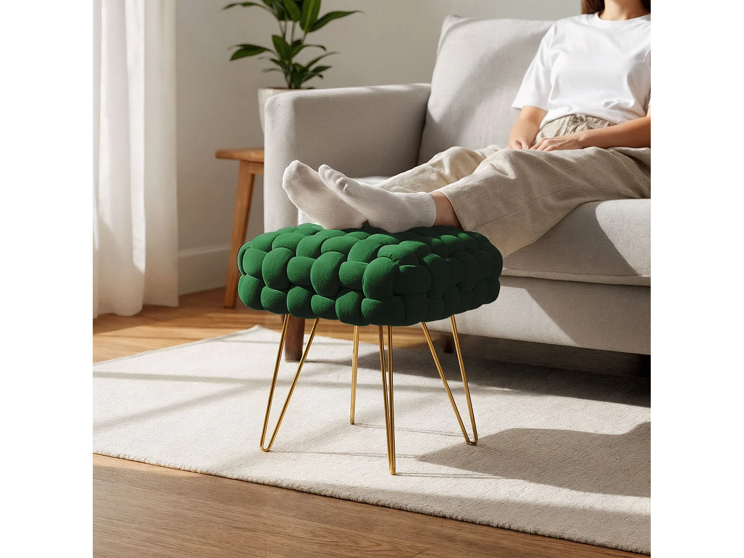 Pouf taburete de terciopelo trenzado 38 cm DOTTY Verde Botella