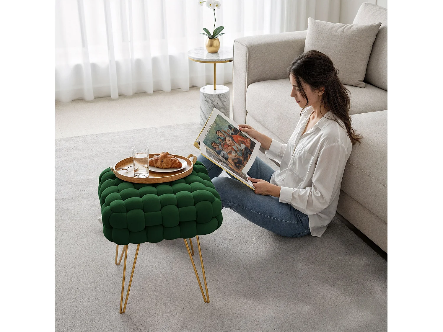 Pouf taburete de terciopelo trenzado 38 cm DOTTY Verde Botella
