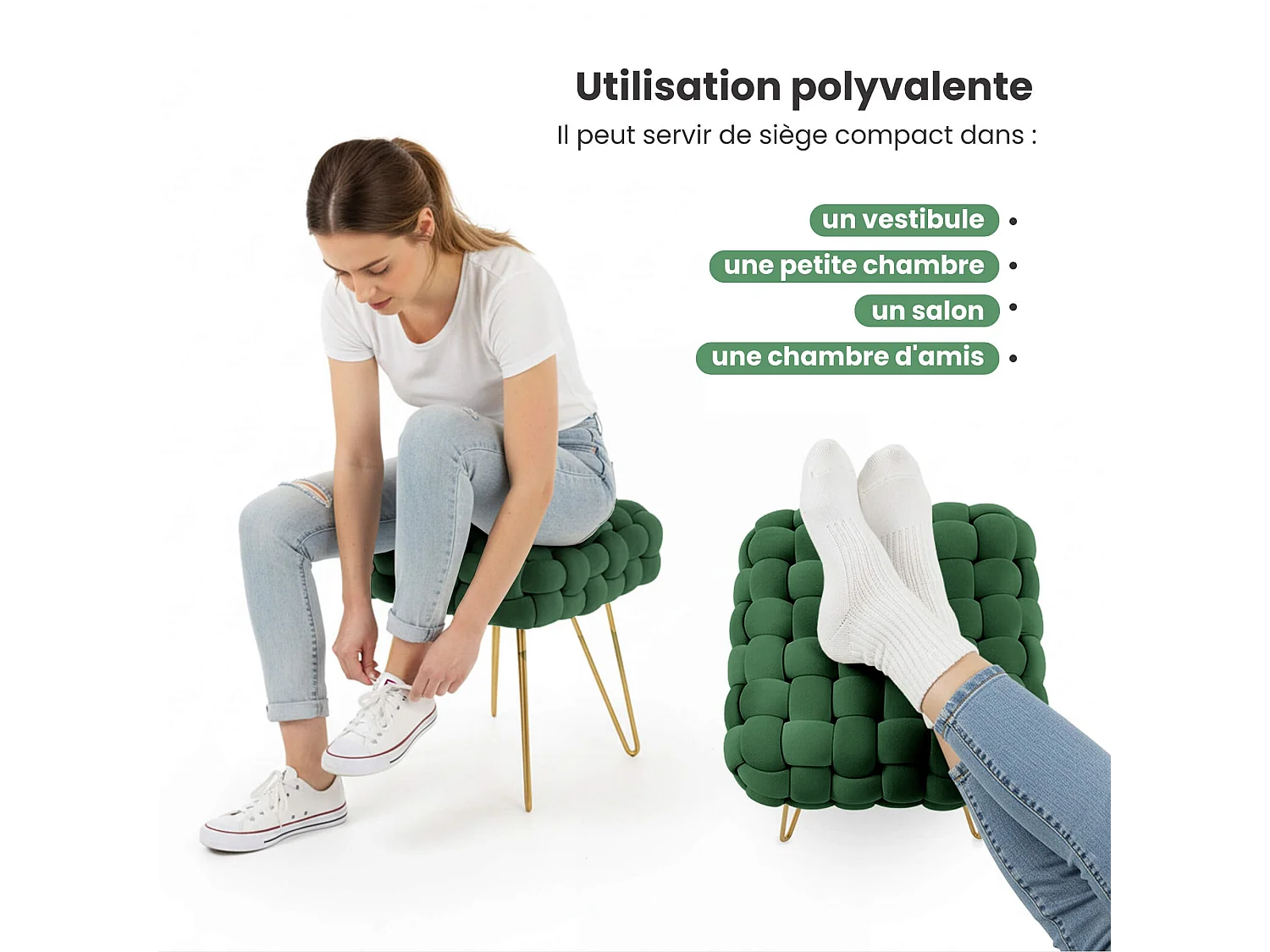 Pouf taburete de terciopelo trenzado 38 cm DOTTY Verde Botella