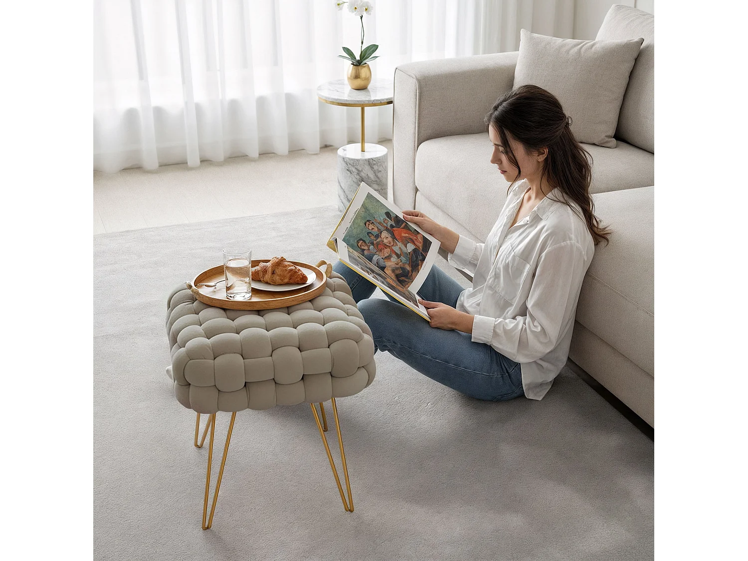 Pouf taburete de terciopelo trenzado 38 cm DOTTY Beige Polvo