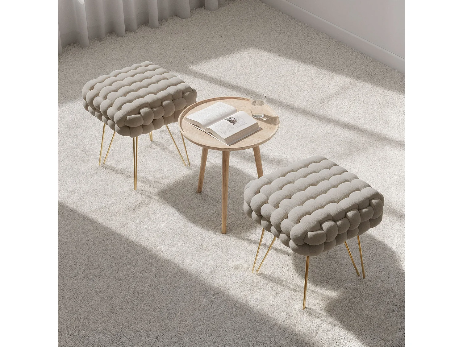 Pouf taburete de terciopelo trenzado 38 cm DOTTY Beige Polvo