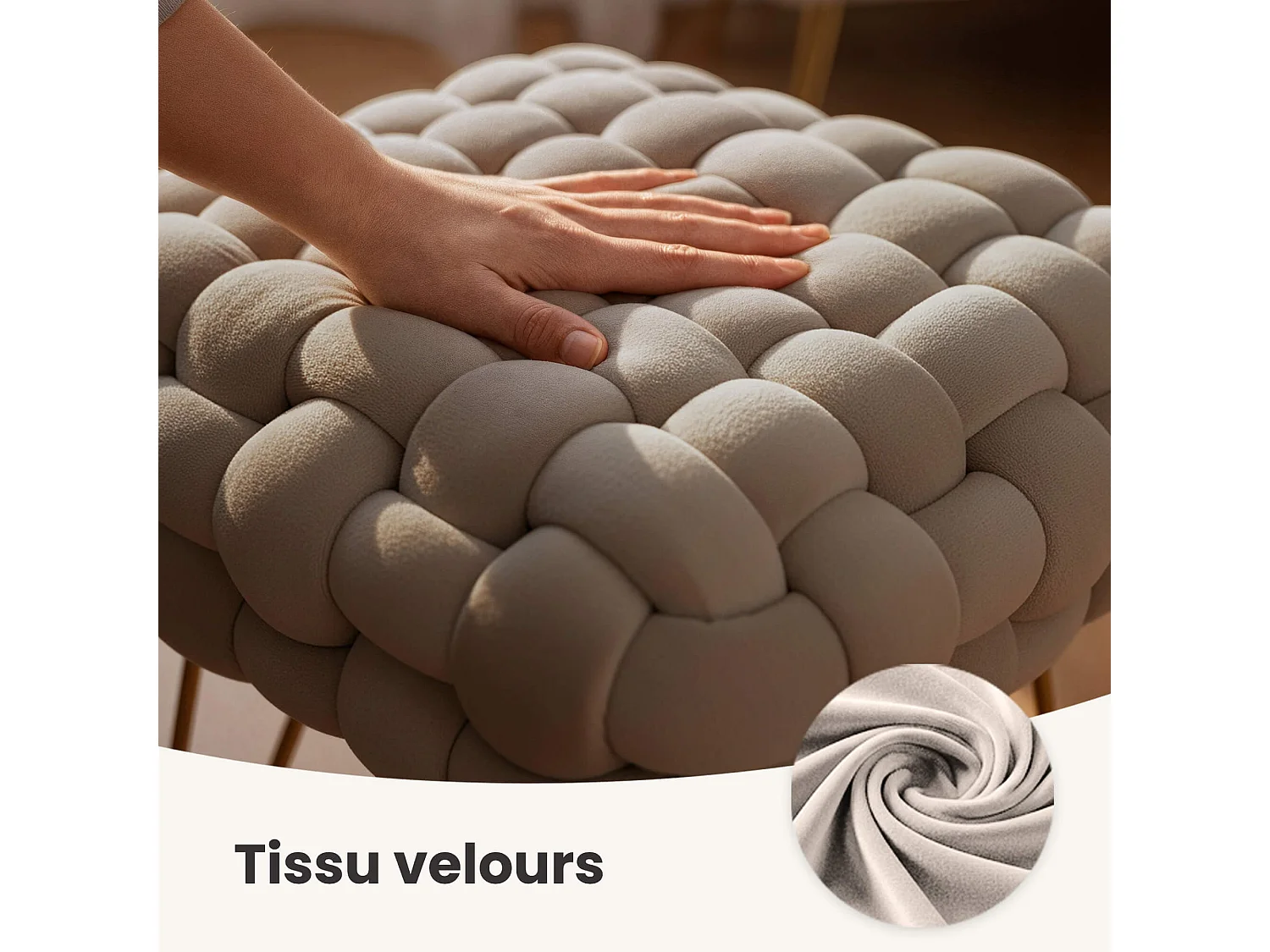 Pouf taburete de terciopelo trenzado 38 cm DOTTY Beige Polvo