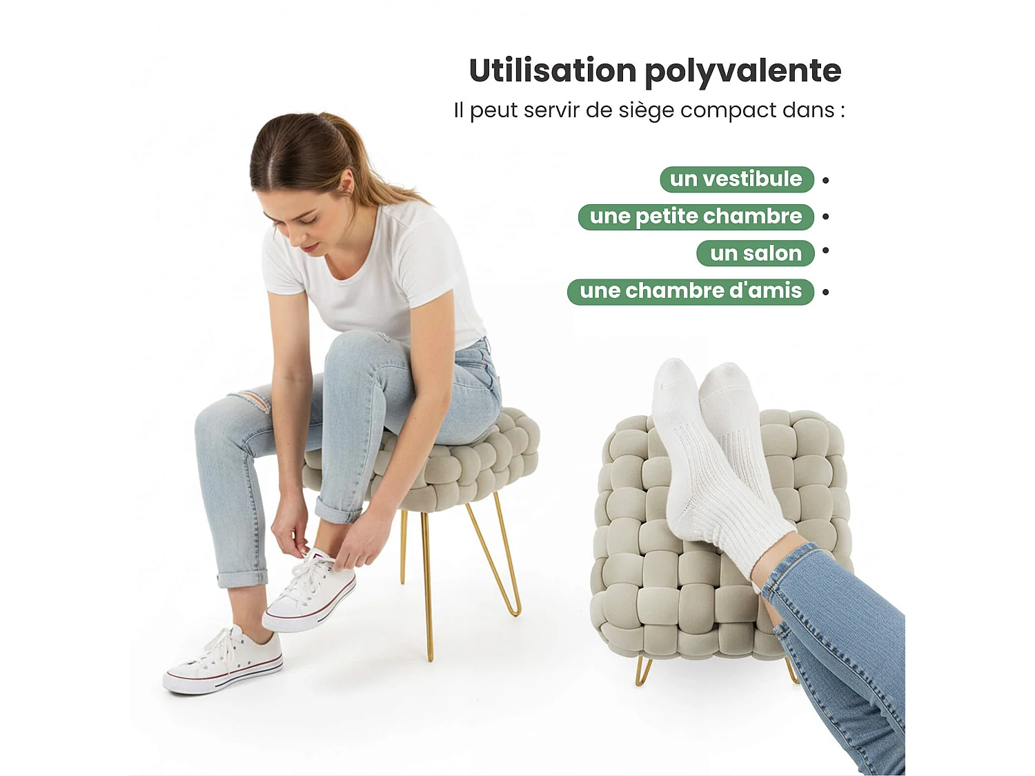 Pouf taburete de terciopelo trenzado 38 cm DOTTY Beige Polvo