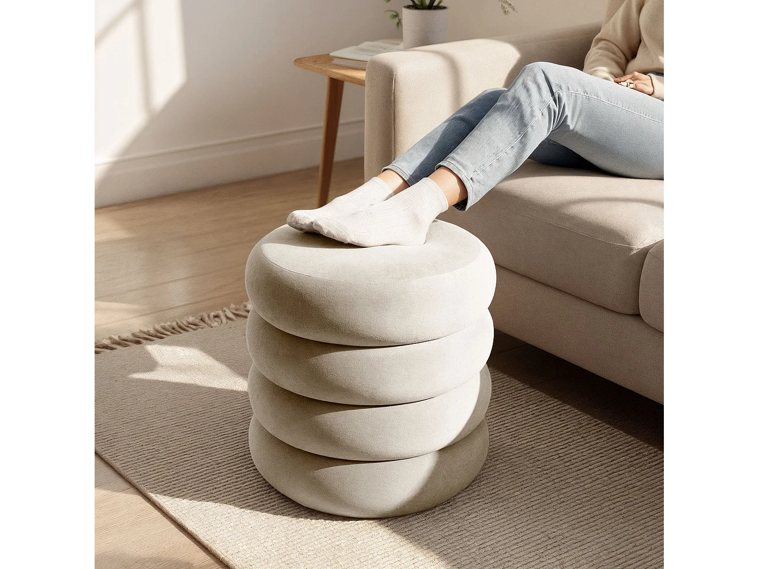 Pouf contenitore cilindrico in velluto 42 cm SNUGGO Crema