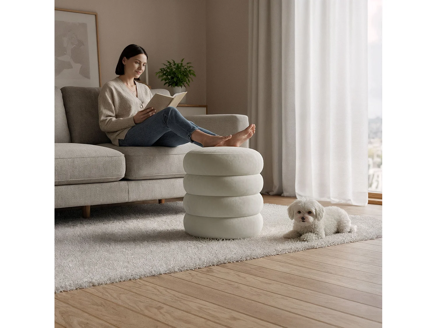 Pouf contenitore cilindrico in velluto 42 cm SNUGGO Crema