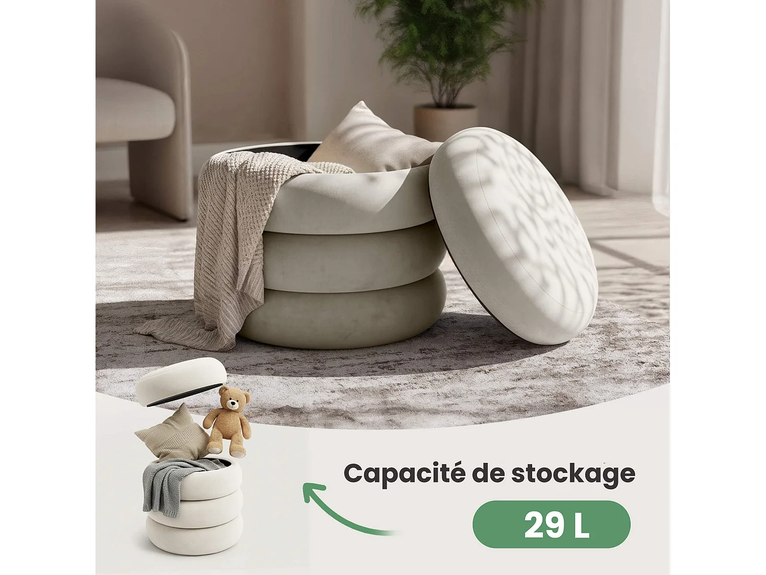 Pouf contenitore cilindrico in velluto 42 cm SNUGGO Crema