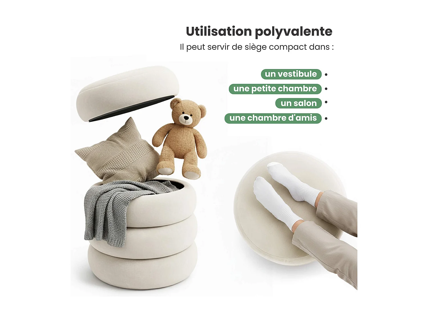 Pouf contenitore cilindrico in velluto 42 cm SNUGGO Crema